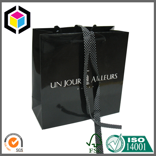 Satin Handle Luxury Black Color Paper Shopping Promotion Bag